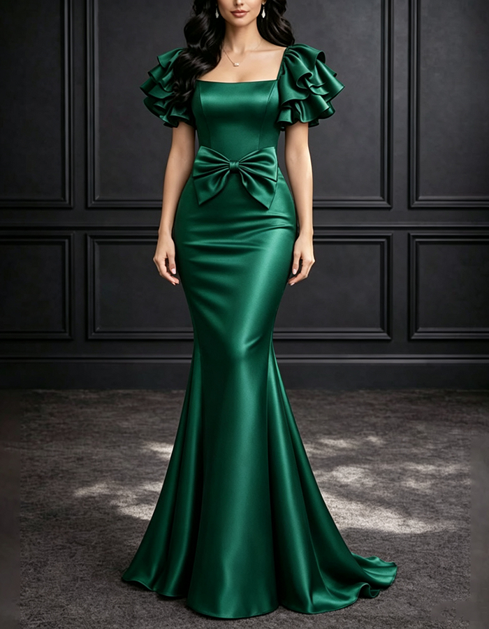 Burgundy Square‑Neck Ruffled Puff‑Short‑Sleeve Large‑Bow‑Accent Satin Mermaid Maxi Dress
