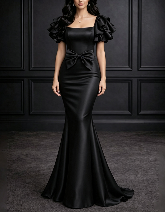 Burgundy Square‑Neck Ruffled Puff‑Short‑Sleeve Large‑Bow‑Accent Satin Mermaid Maxi Dress