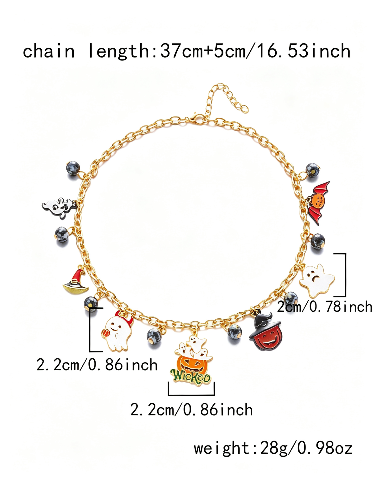 Halloween Multi Charm Necklace Pumpkin Ghost Witch Bat Enamel Pendant