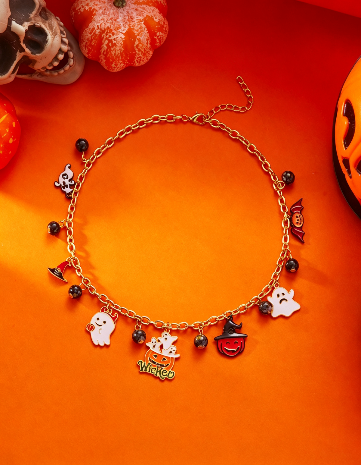 Halloween Multi Charm Necklace Pumpkin Ghost Witch Bat Enamel Pendant