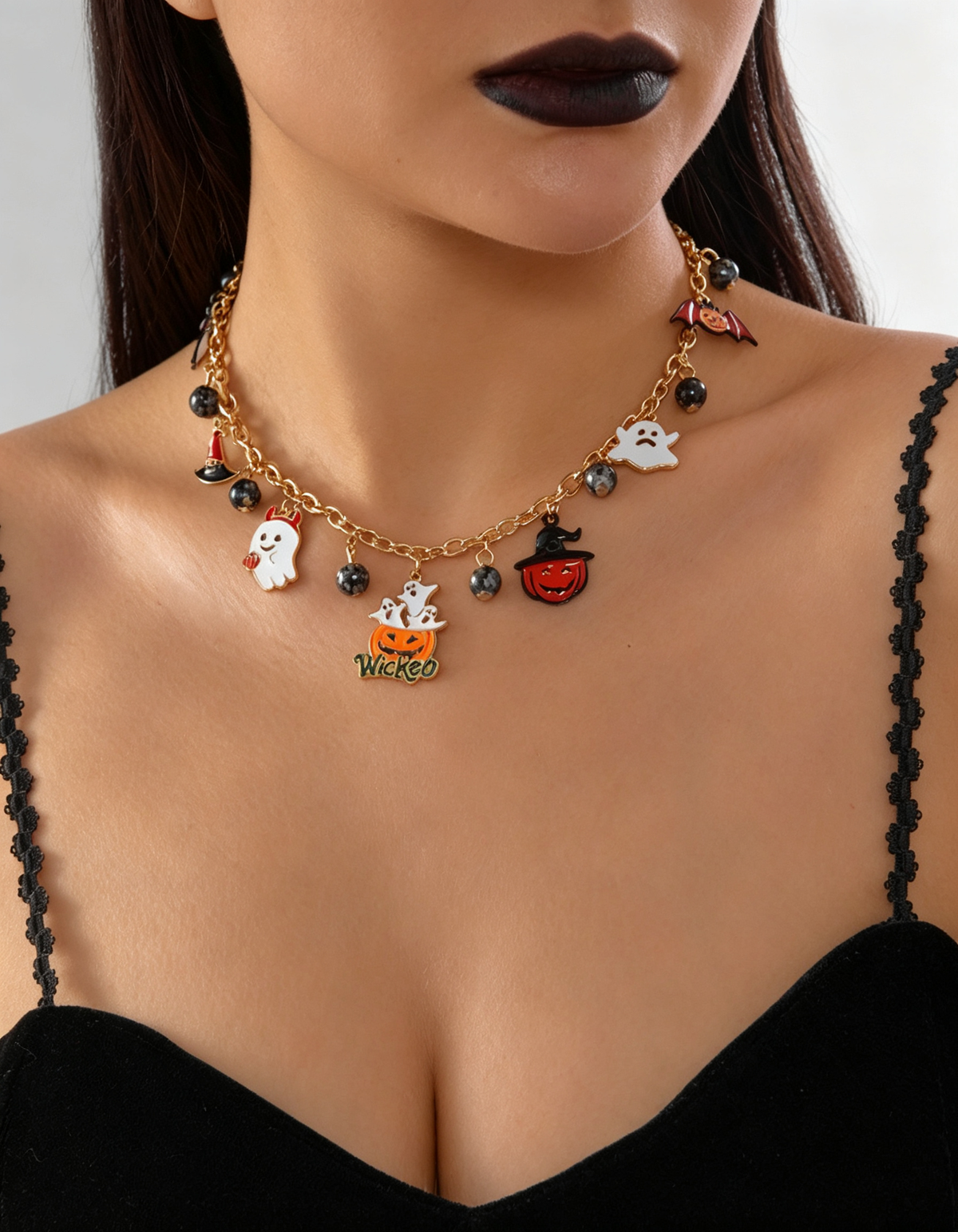 Halloween Multi Charm Necklace Pumpkin Ghost Witch Bat Enamel Pendant