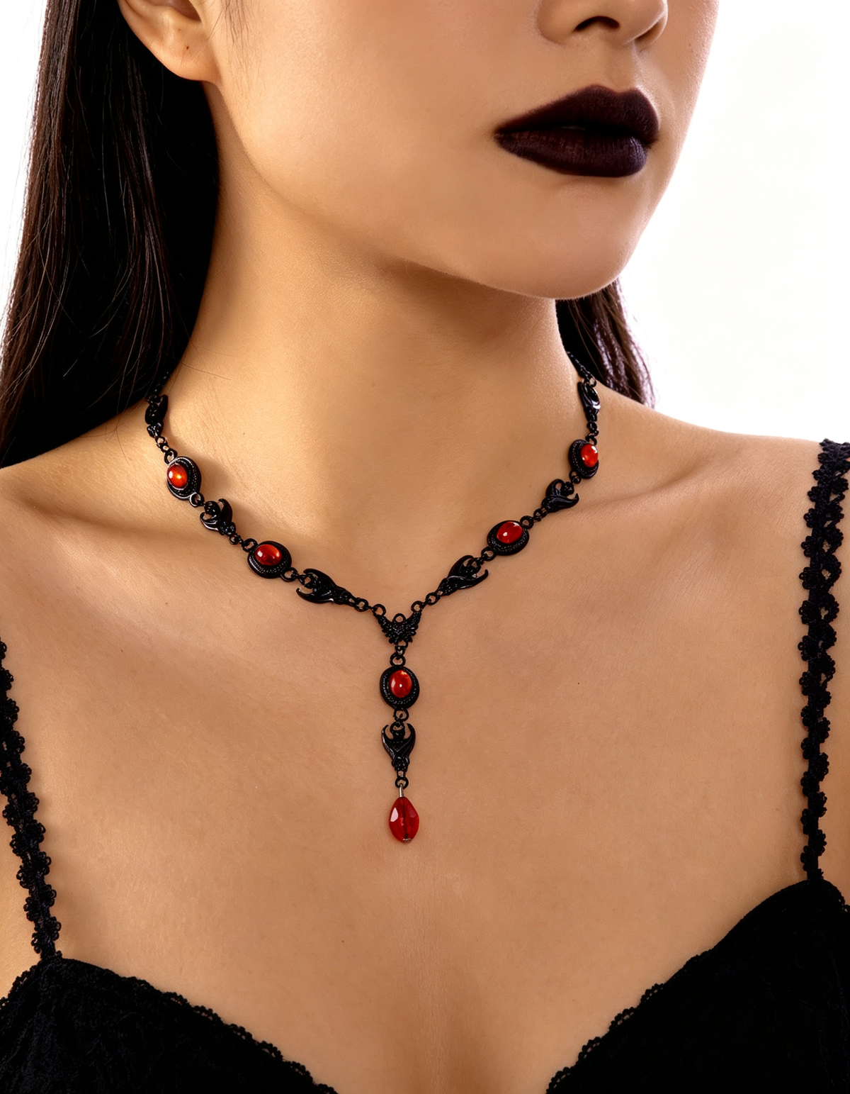 Gothic Black Red Stone Bat Crescent Y-Drop Choker Necklace