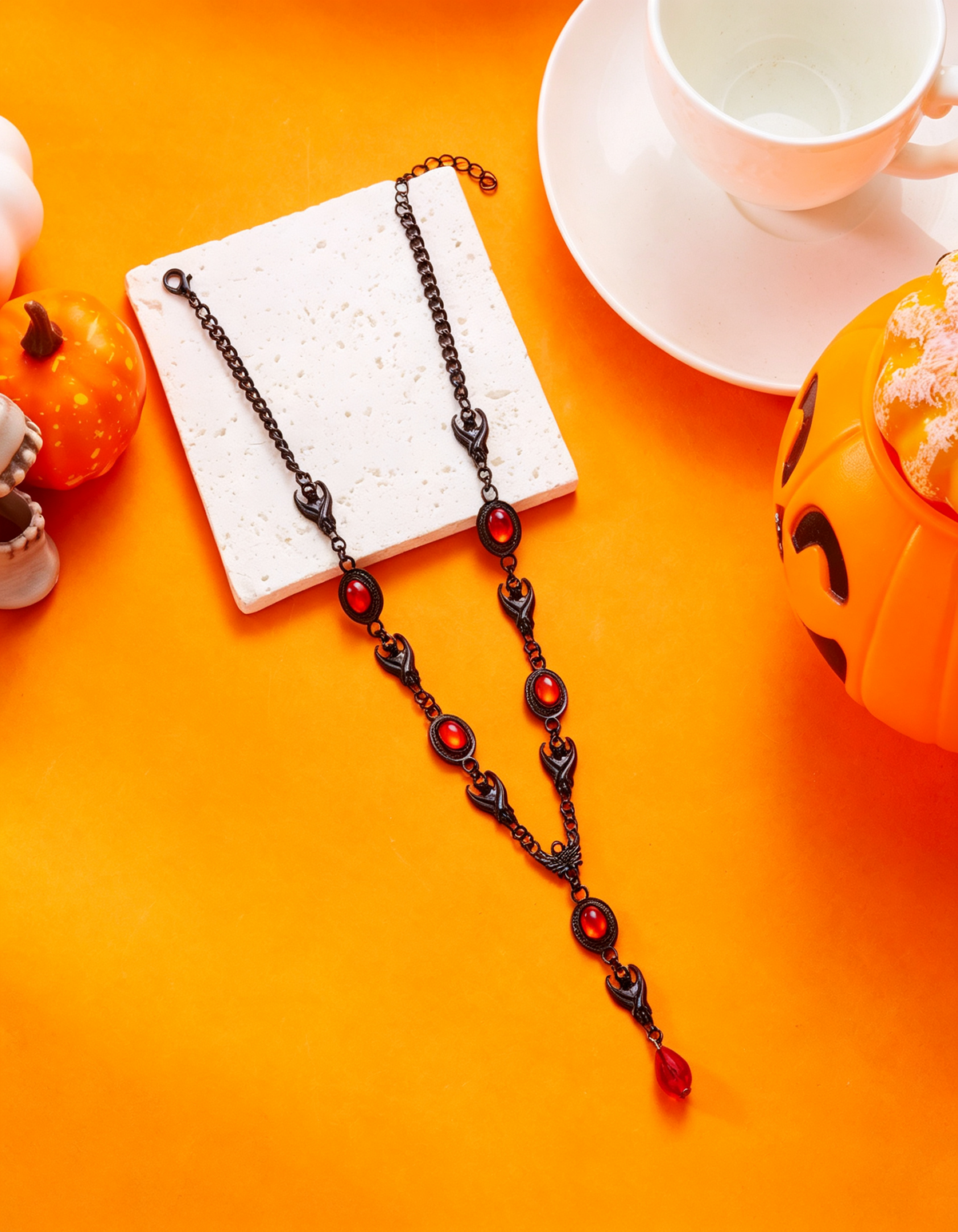 Gothic Black Red Stone Bat Crescent Y-Drop Choker Necklace