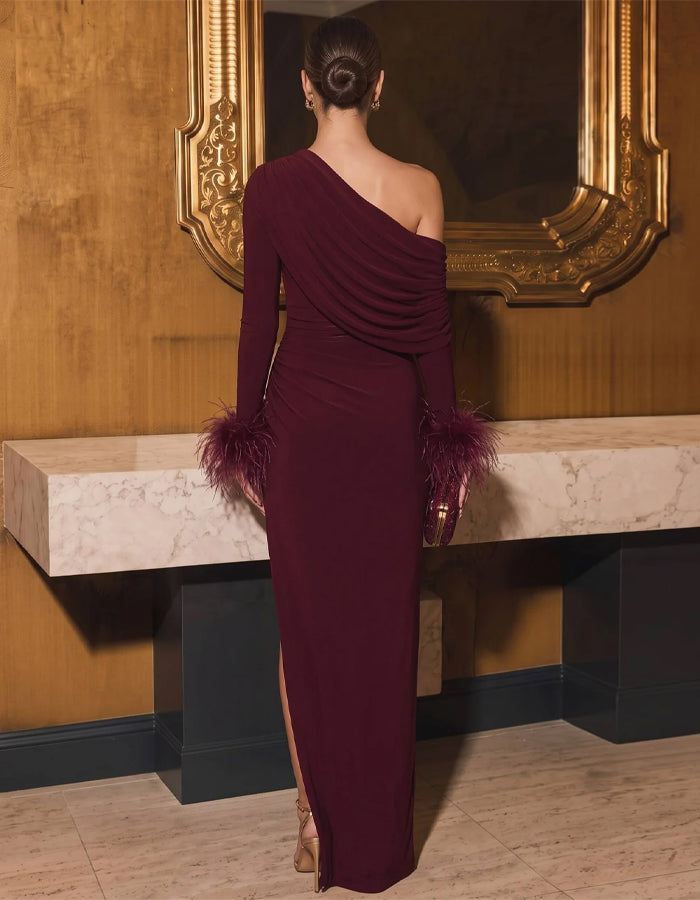 Burgundy One Shoulder Draped Feather Cuffs Maxi Dress