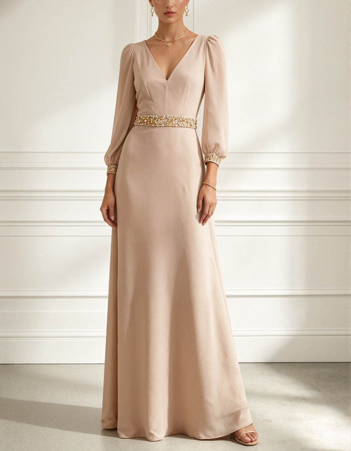 Nude Chiffon Long Sleeved V-Neck Maxi Dress