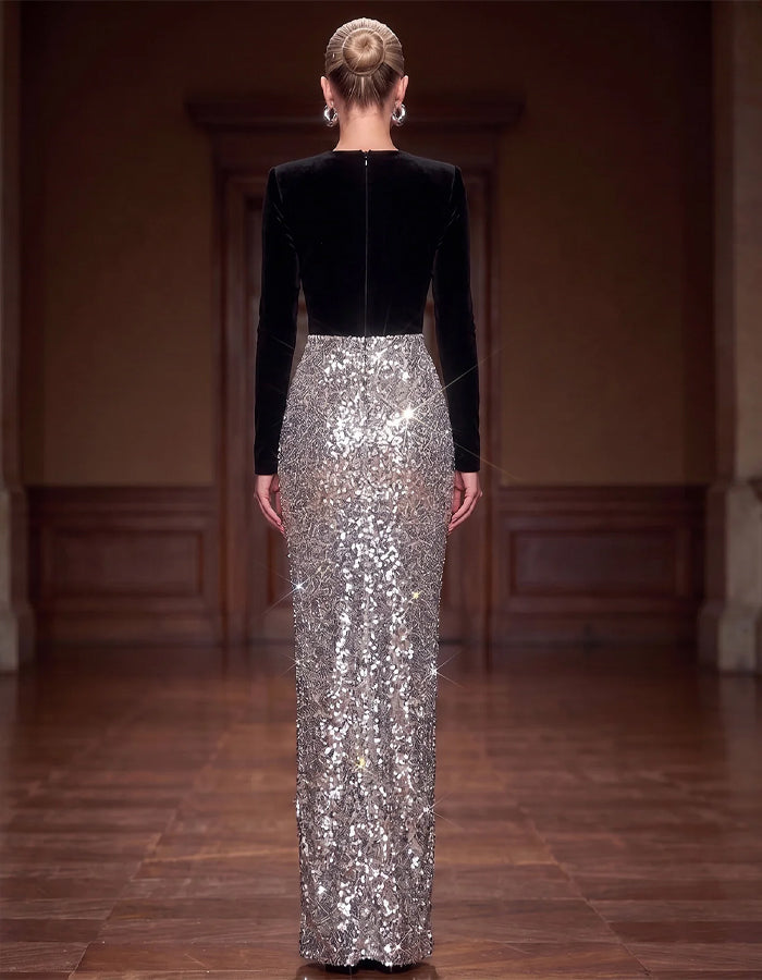 Black Velvet With Silver Sequins Maxi Dress