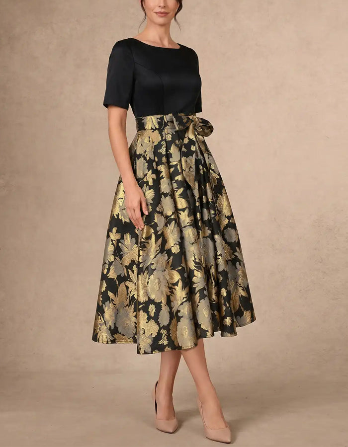 Black Satin Gold Print Midi Dress