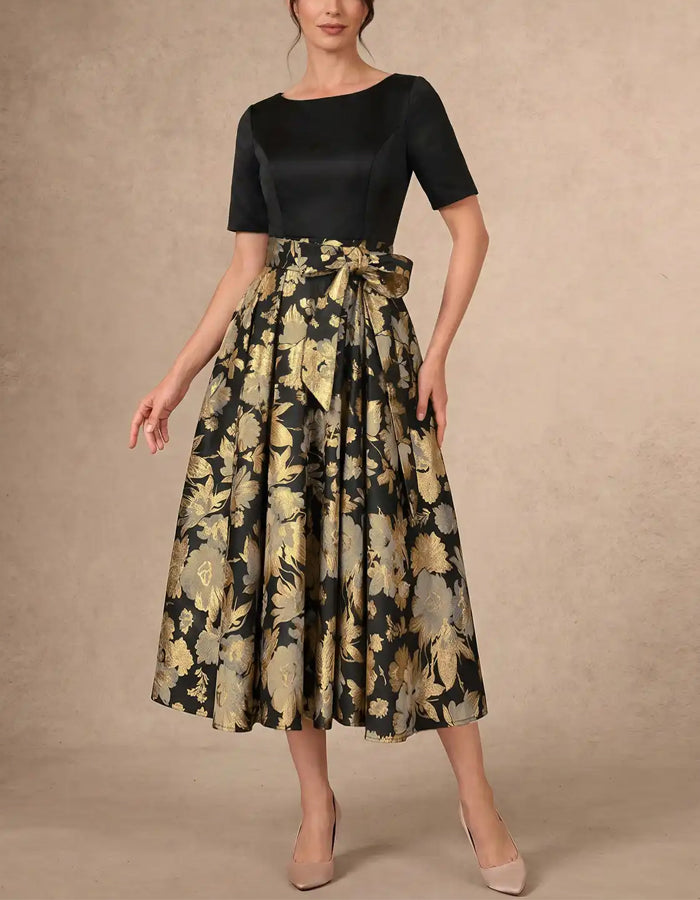 Black Satin Gold Print Midi Dress
