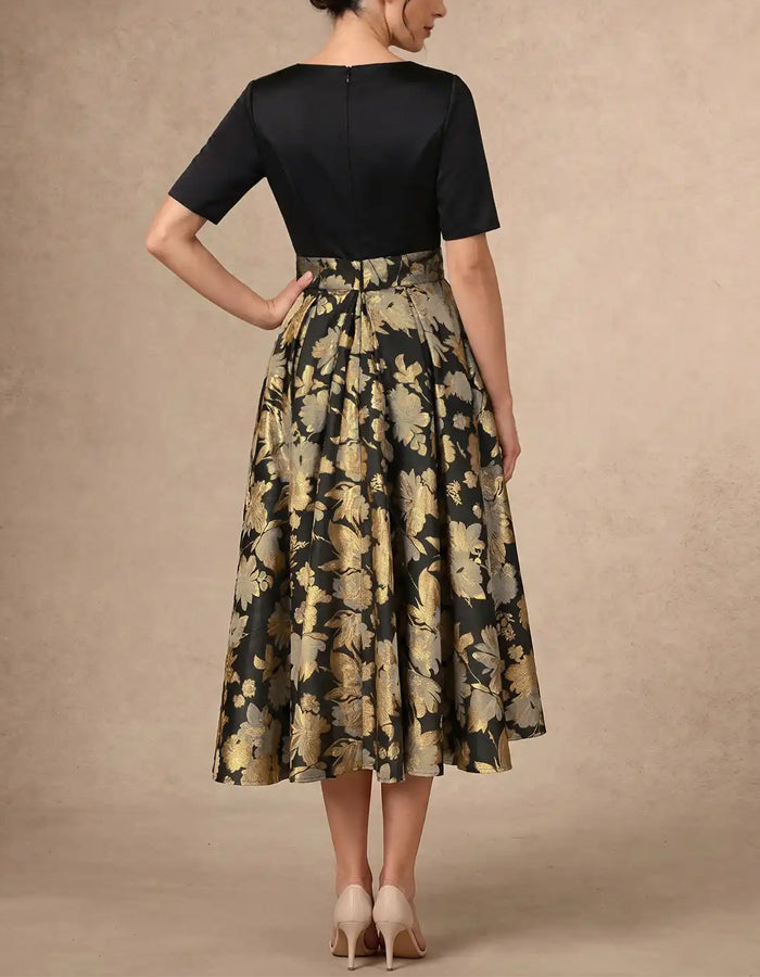 Black Satin Gold Print Midi Dress