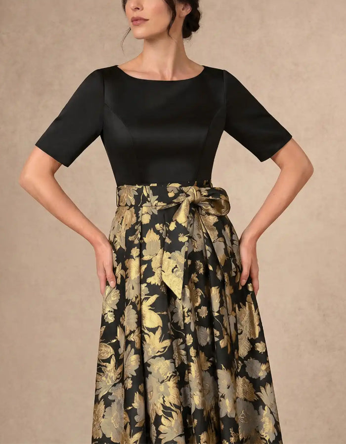 Black Satin Gold Print Midi Dress