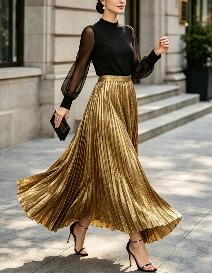 Black Sheer Sleeve Top & Gold Metallic Pleated Midi Dress