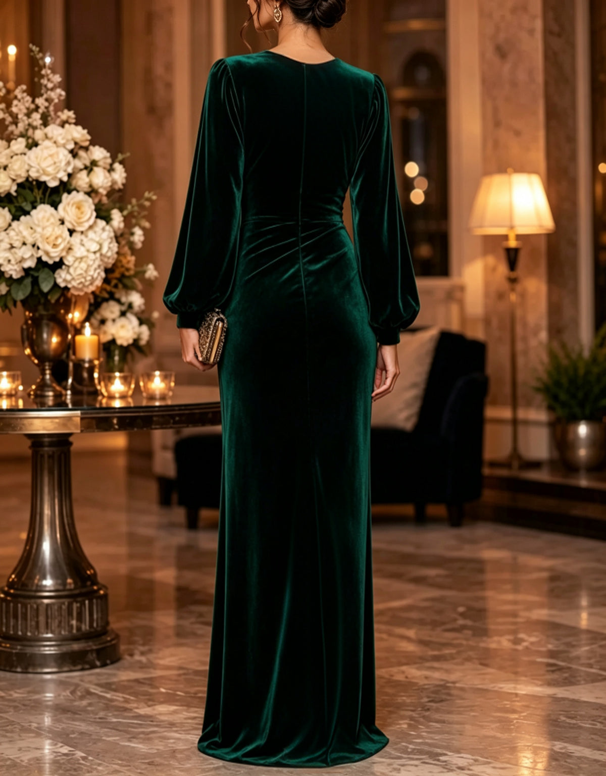 Round Neck Velvet Long Puff Sleeve Ruched Waist Evening Maxi Dress