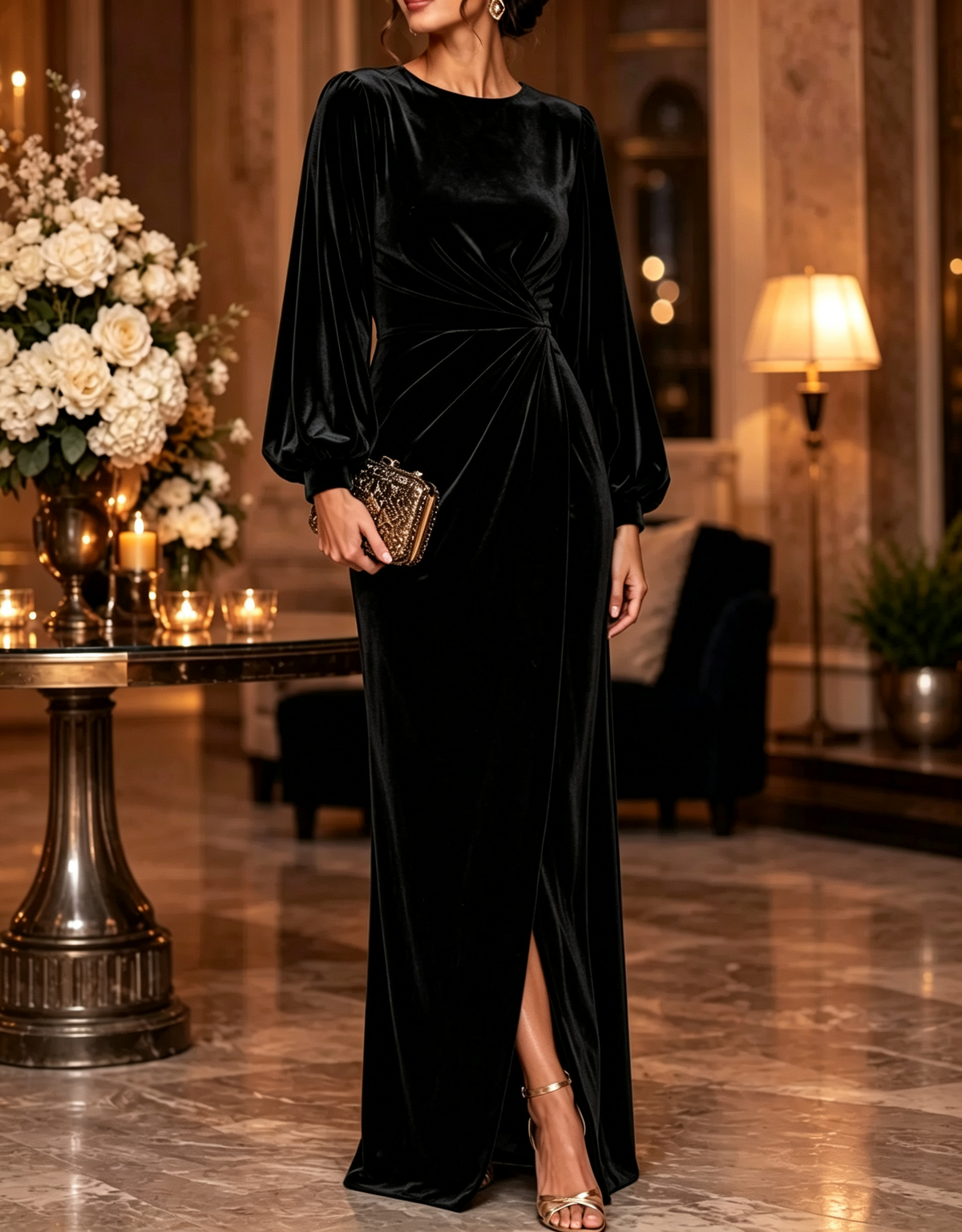 Round Neck Velvet Long Puff Sleeve Ruched Waist Evening Maxi Dress