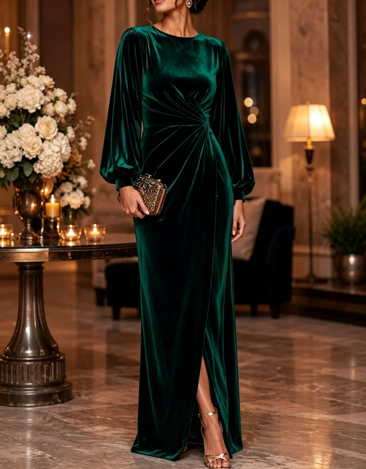 Round Neck Velvet Long Puff Sleeve Ruched Waist Evening Maxi Dress