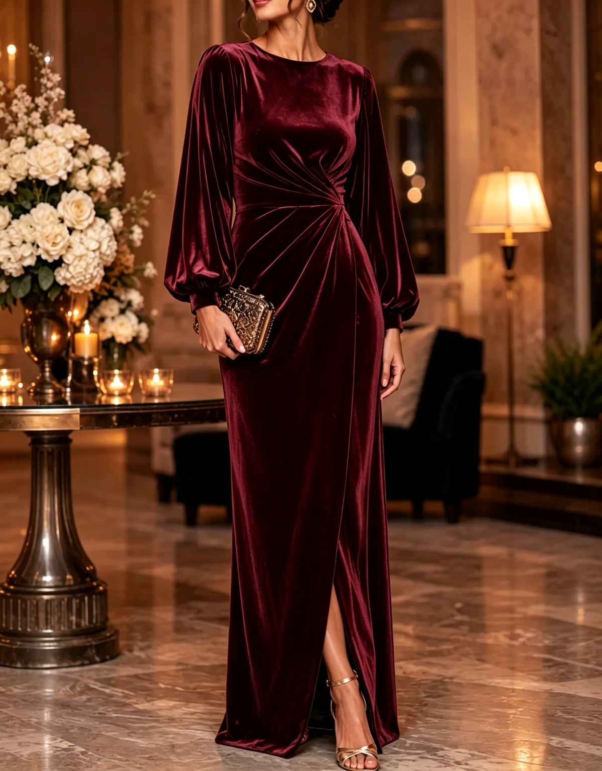 Round Neck Velvet Long Puff Sleeve Ruched Waist Evening Maxi Dress