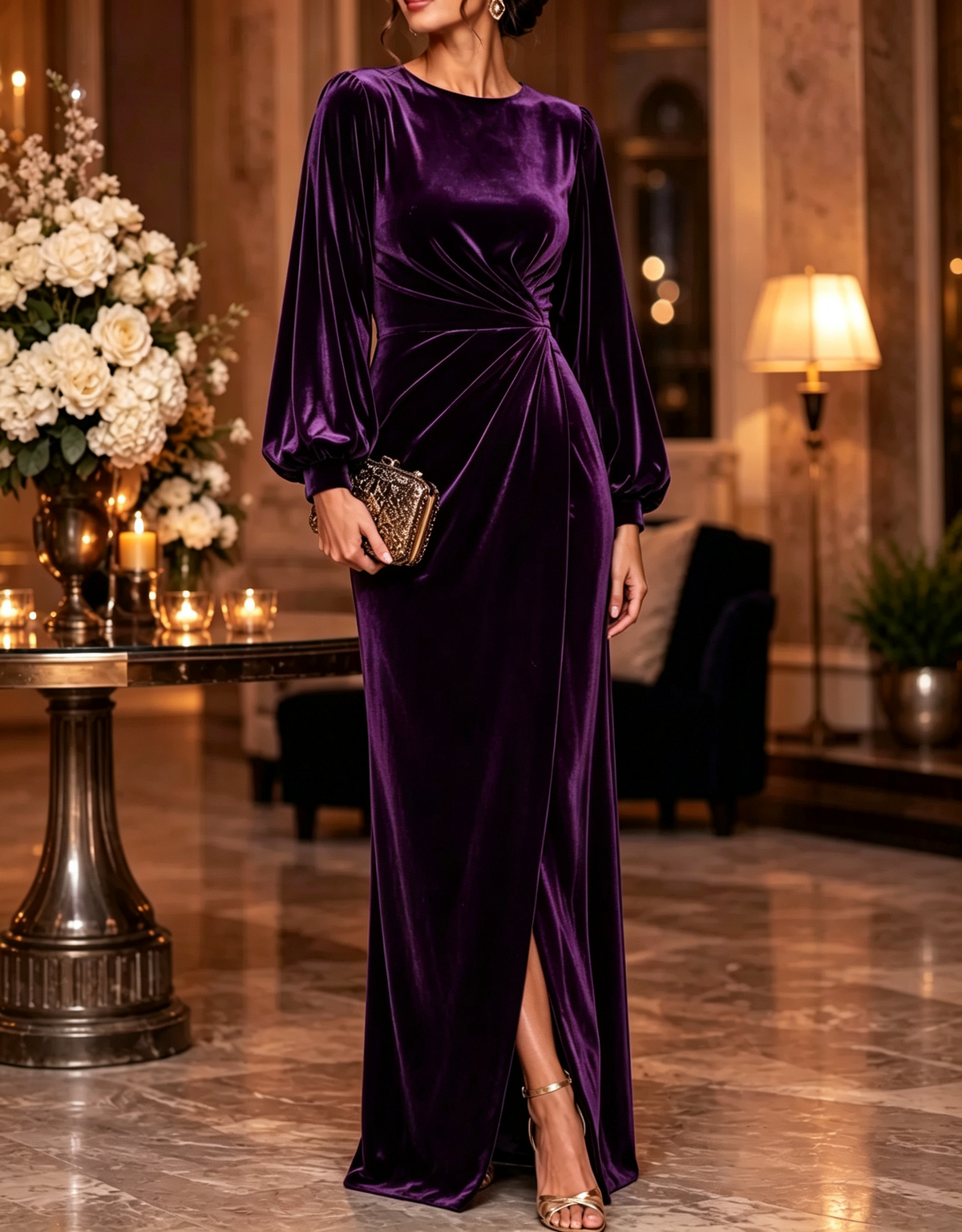 Round Neck Velvet Long Puff Sleeve Ruched Waist Evening Maxi Dress