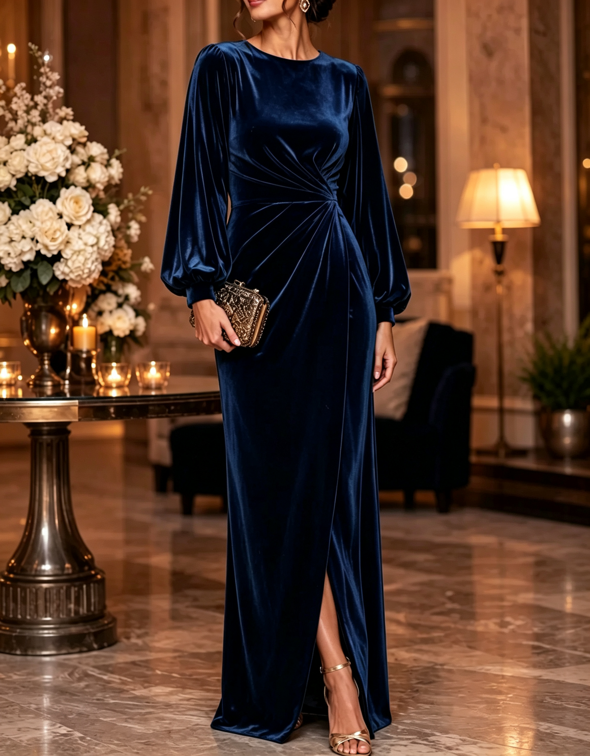 Round Neck Velvet Long Puff Sleeve Ruched Waist Evening Maxi Dress