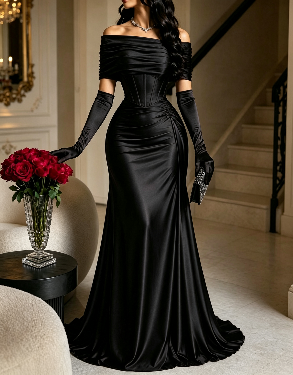 Off The Shoulder Satin Mermaid Evening Maxi Dress（Gloves Not Included）