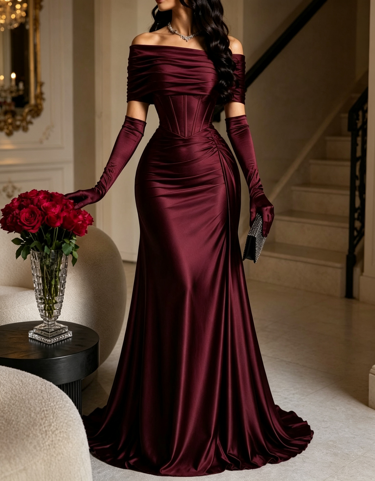 Off The Shoulder Satin Mermaid Evening Maxi Dress（Gloves Not Included）
