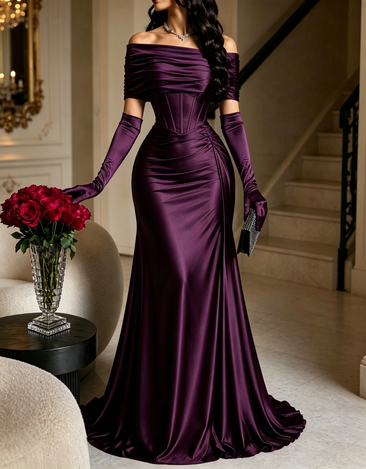 Off The Shoulder Satin Mermaid Evening Maxi Dress（Gloves Not Included）