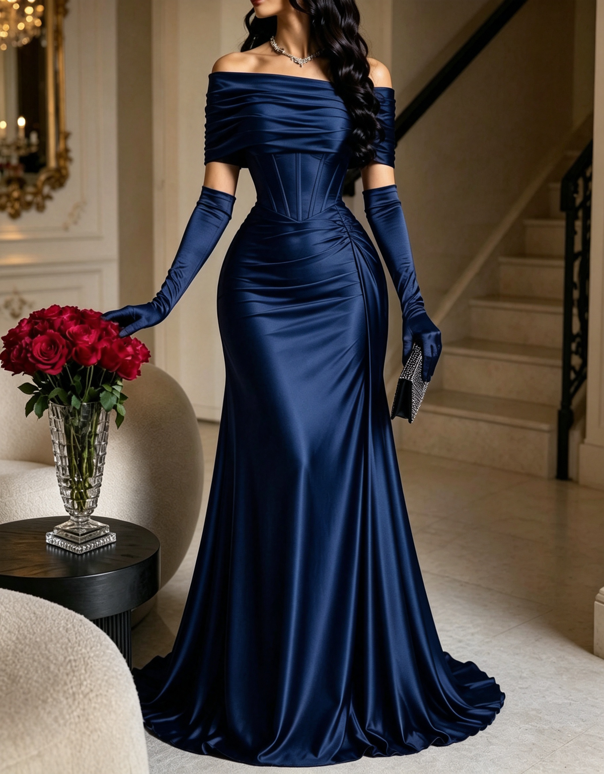 Off The Shoulder Satin Mermaid Evening Maxi Dress（Gloves Not Included）