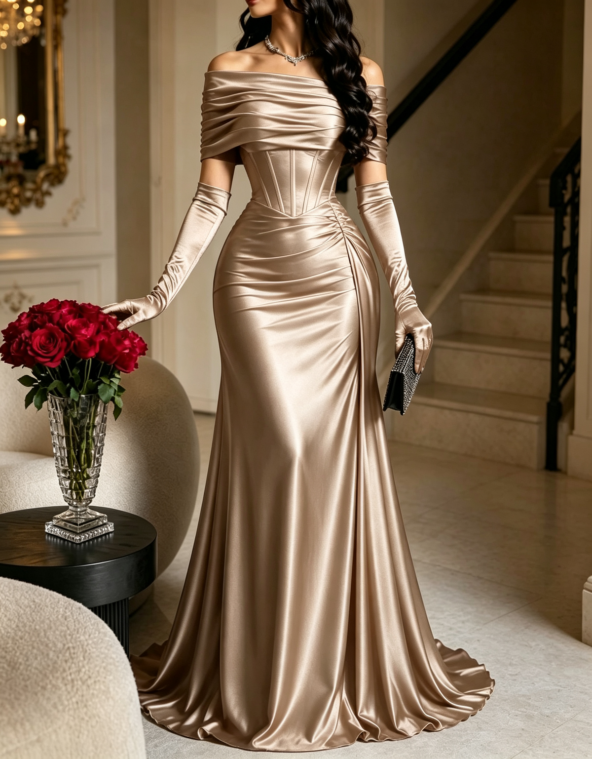 Off The Shoulder Satin Mermaid Evening Maxi Dress（Gloves Not Included）