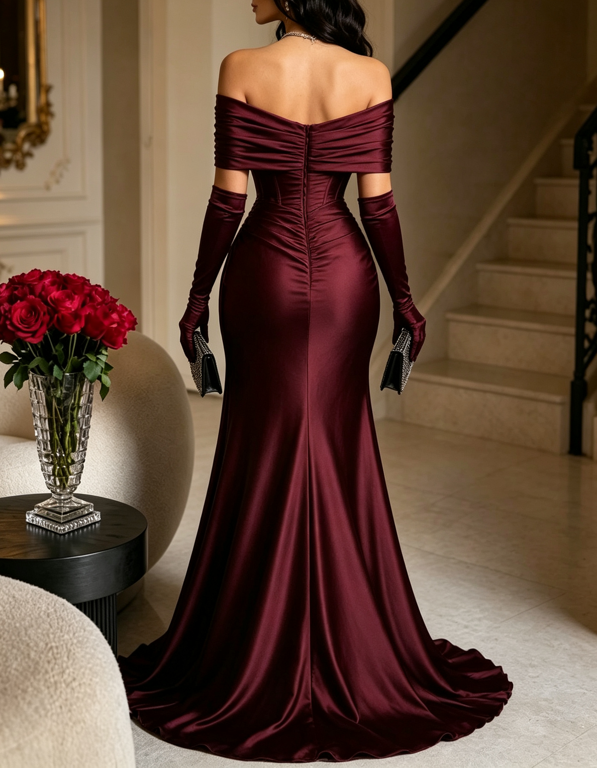 Off The Shoulder Satin Mermaid Evening Maxi Dress（Gloves Not Included）