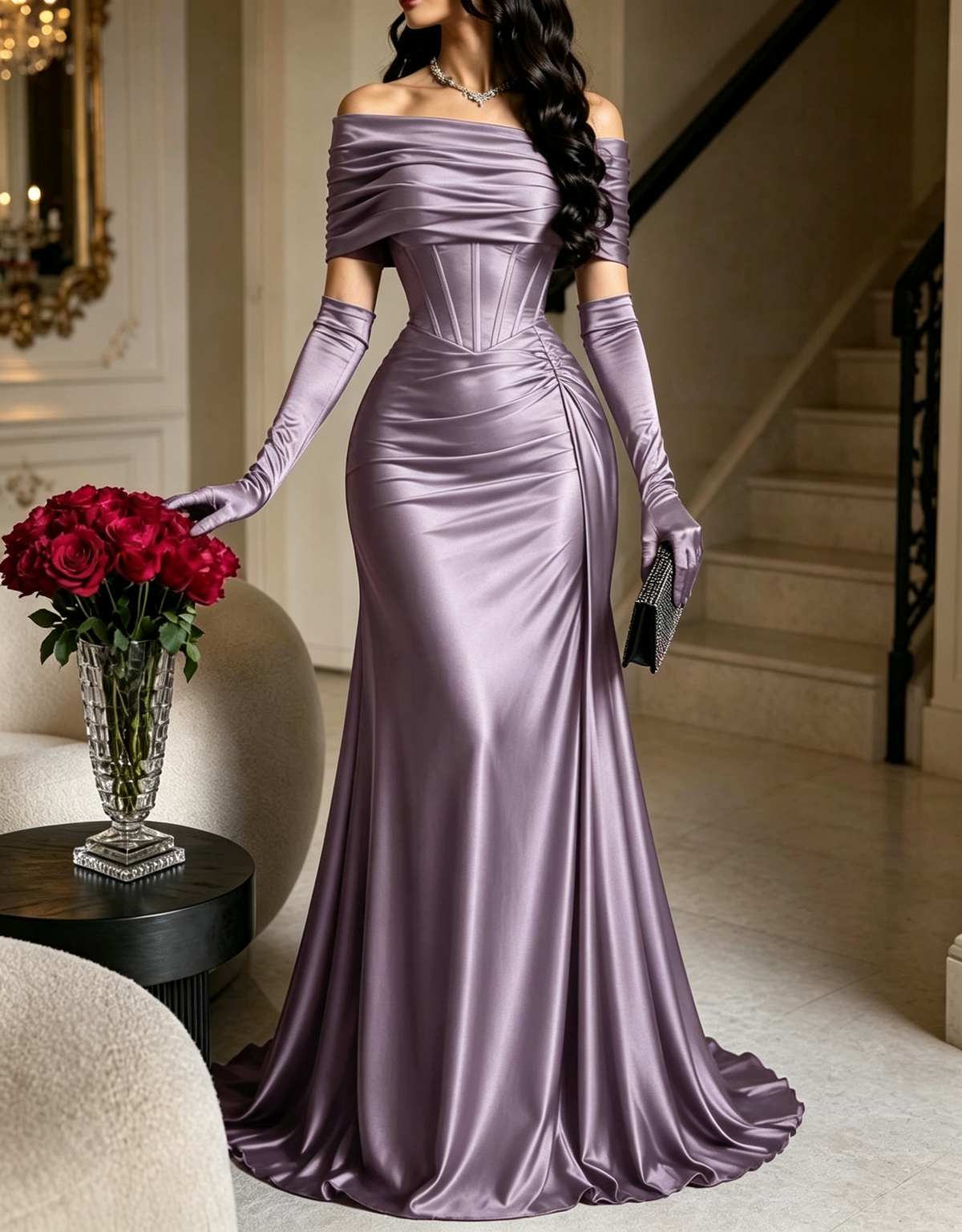 Off The Shoulder Satin Mermaid Evening Maxi Dress（Gloves Not Included）