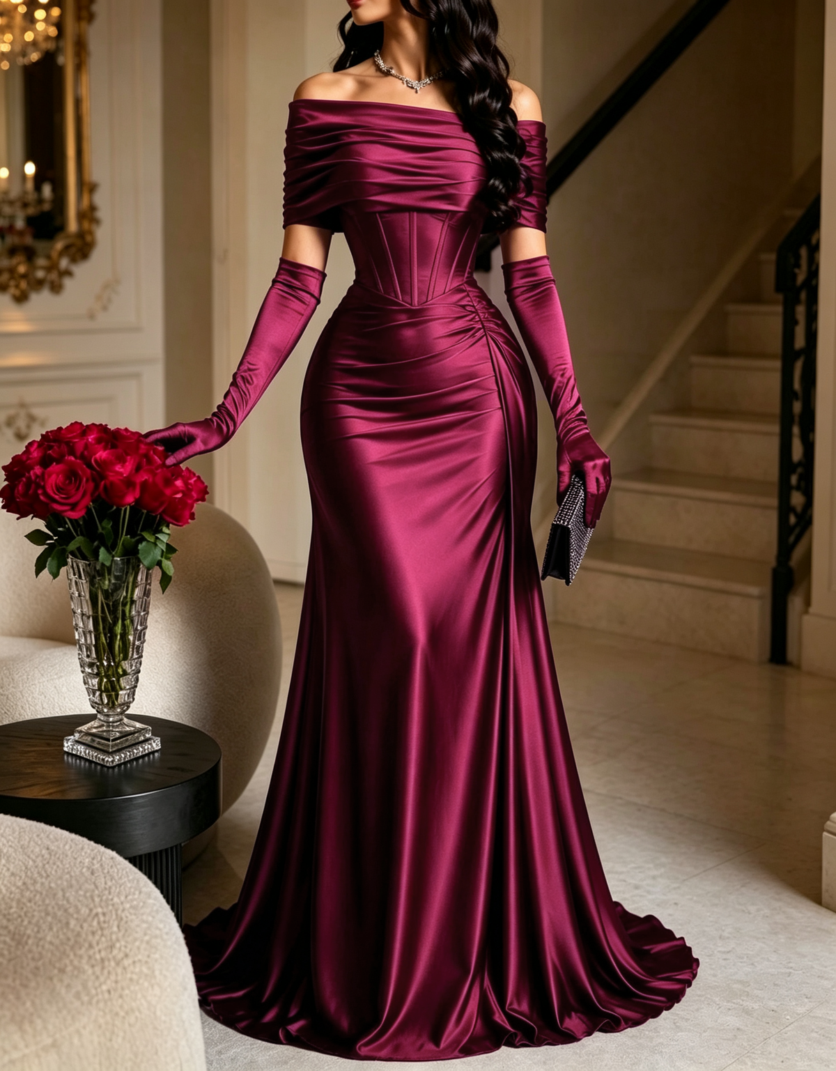 Off The Shoulder Satin Mermaid Evening Maxi Dress（Gloves Not Included）