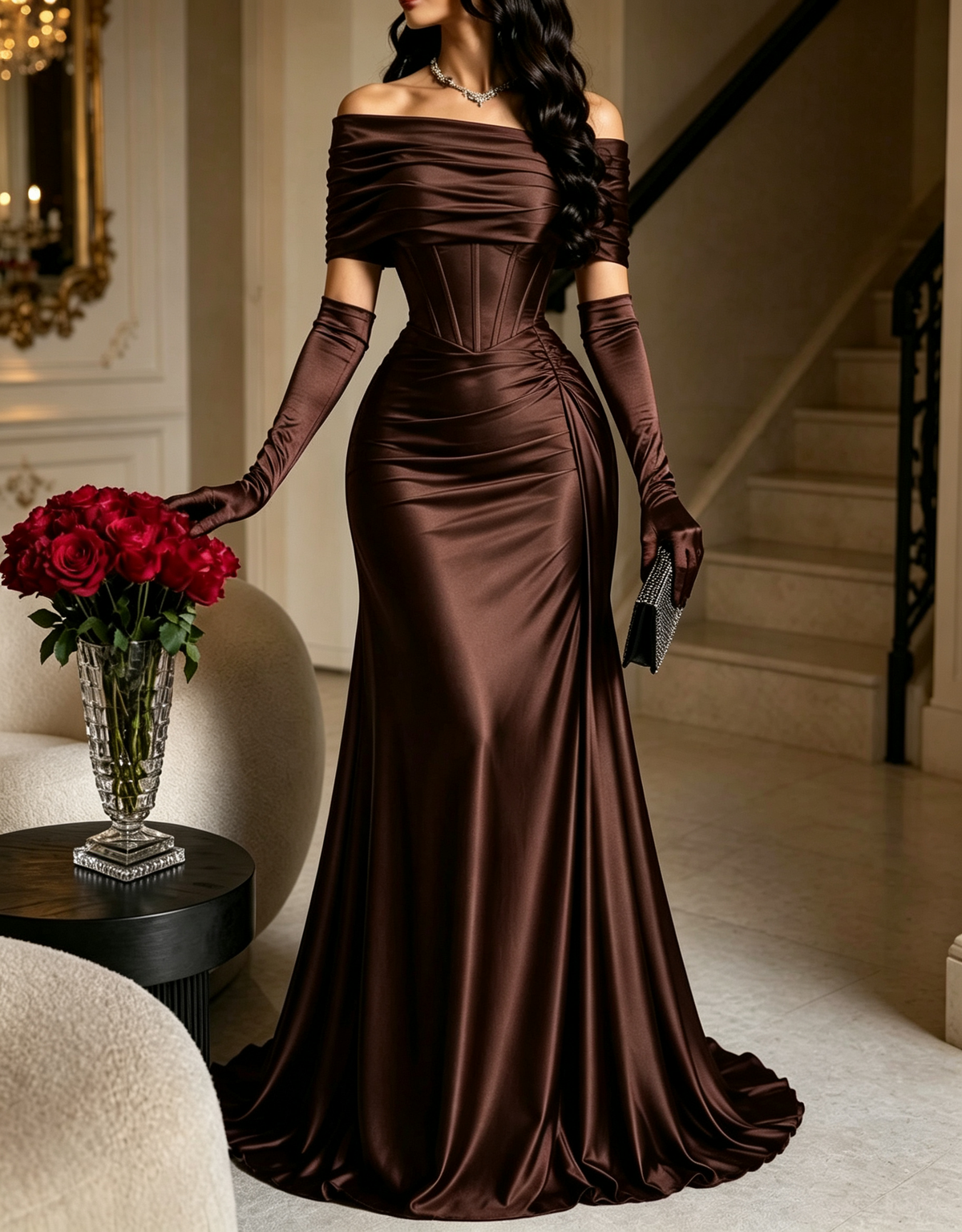 Off The Shoulder Satin Mermaid Evening Maxi Dress（Gloves Not Included）