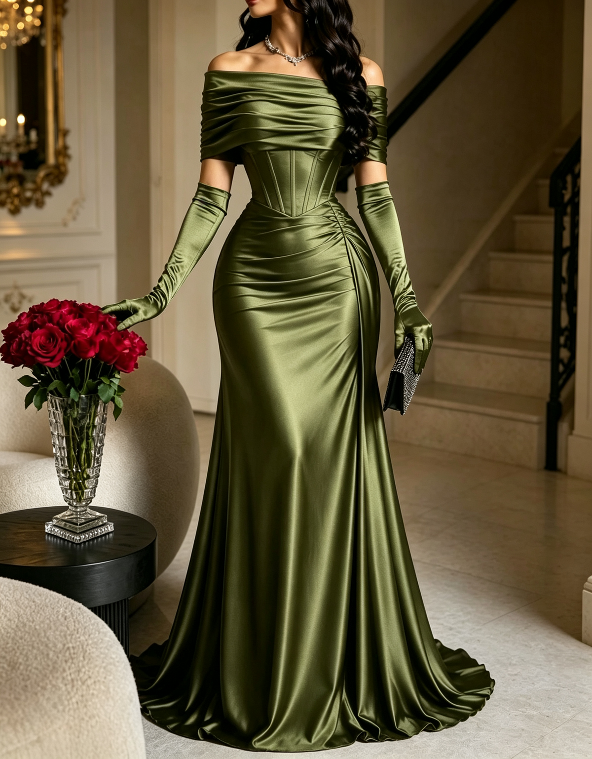 Off The Shoulder Satin Mermaid Evening Maxi Dress（Gloves Not Included）