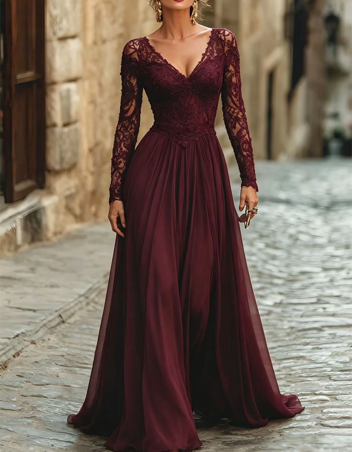 V Neck Long Lace Sleeve Chiffon Maxi Dress