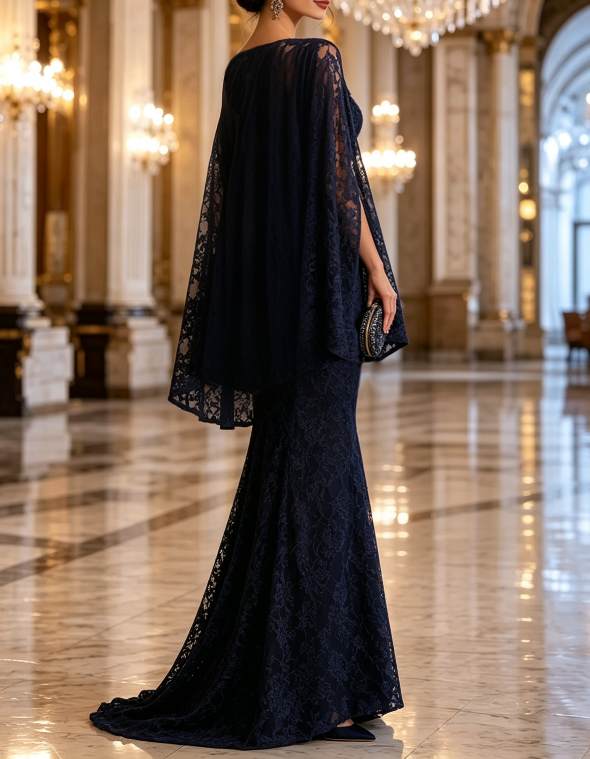 Round Neck Floral Lace Cape Mermaid Evening Maxi Dress