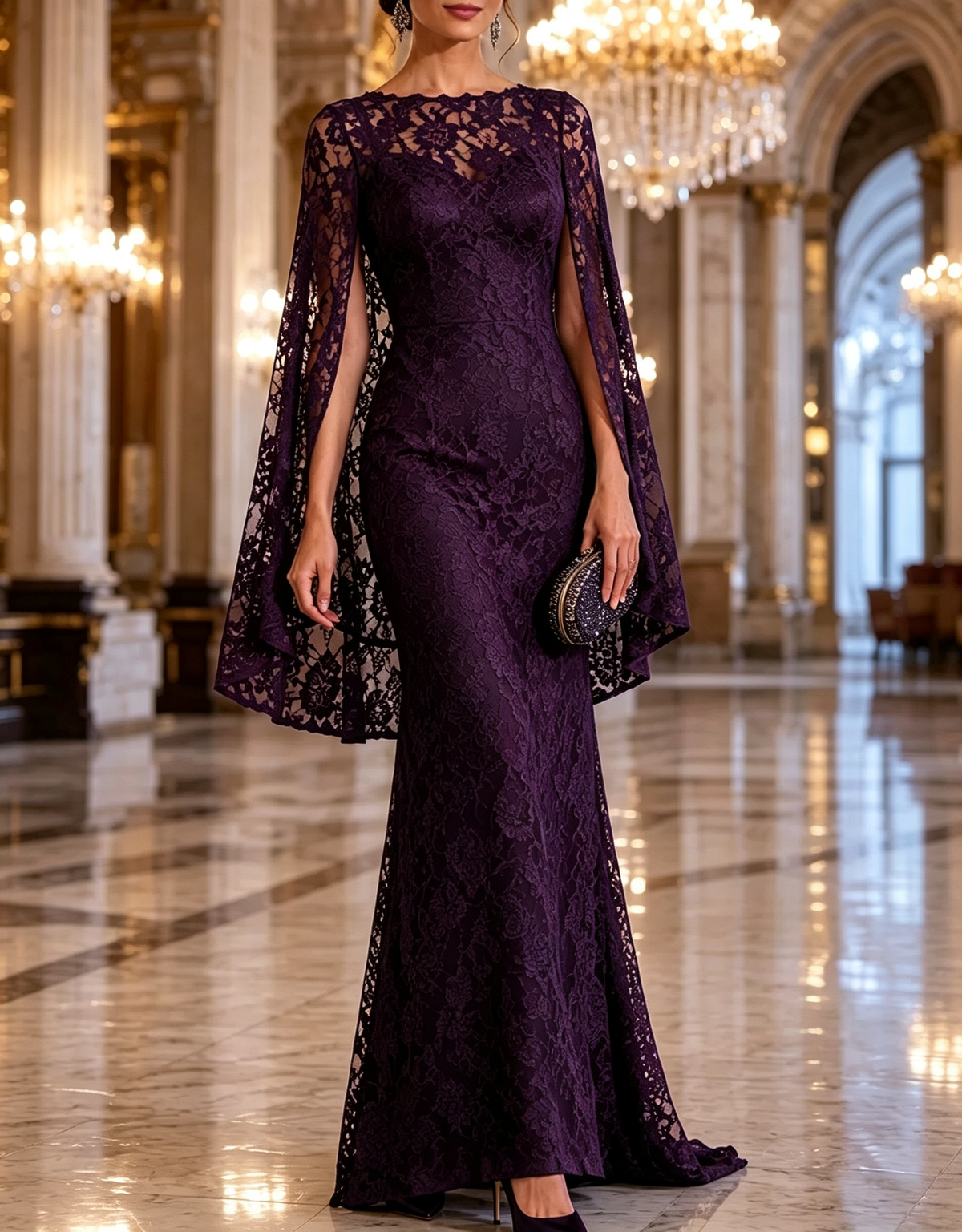 Round Neck Floral Lace Cape Mermaid Evening Maxi Dress