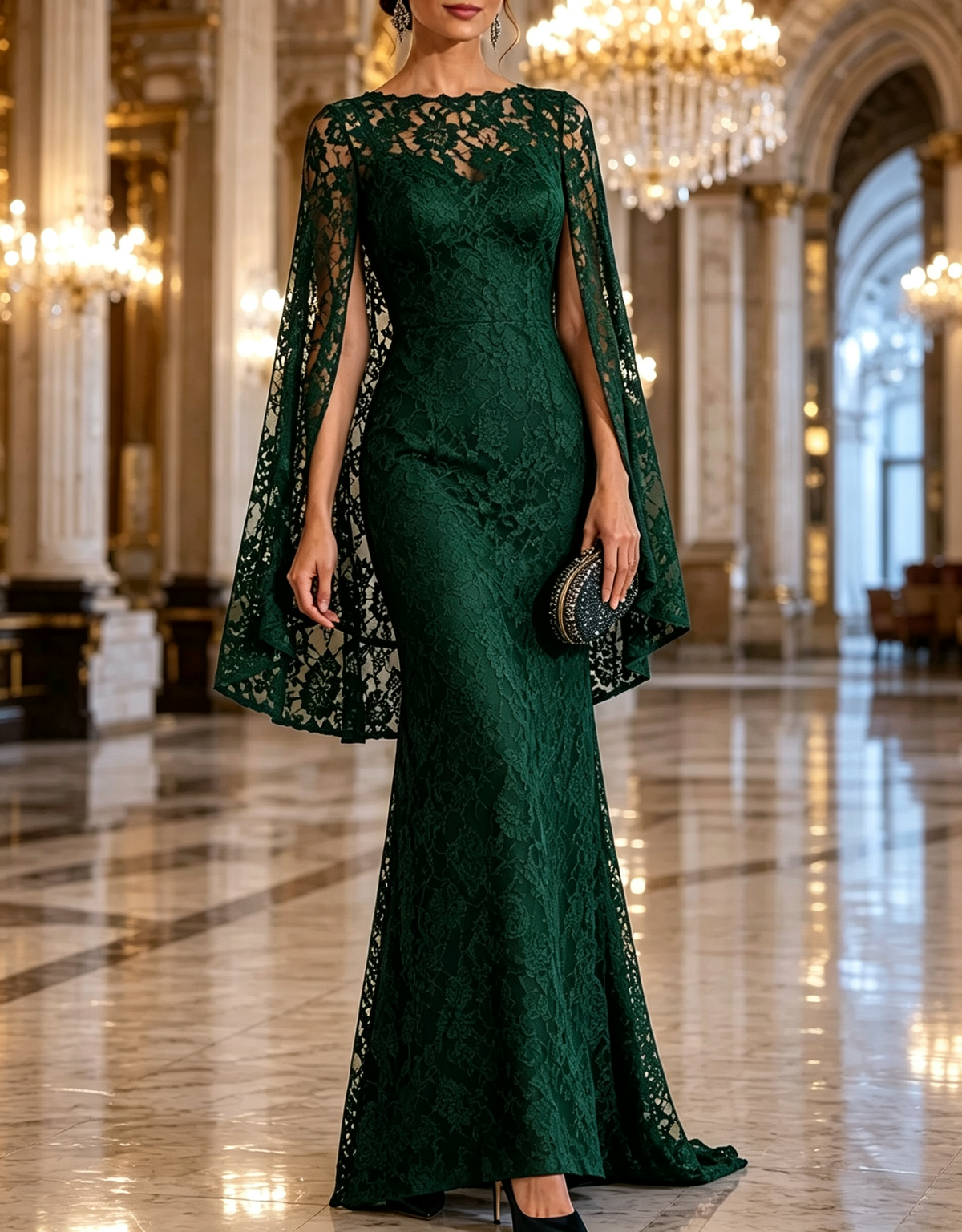 Round Neck Floral Lace Cape Mermaid Evening Maxi Dress