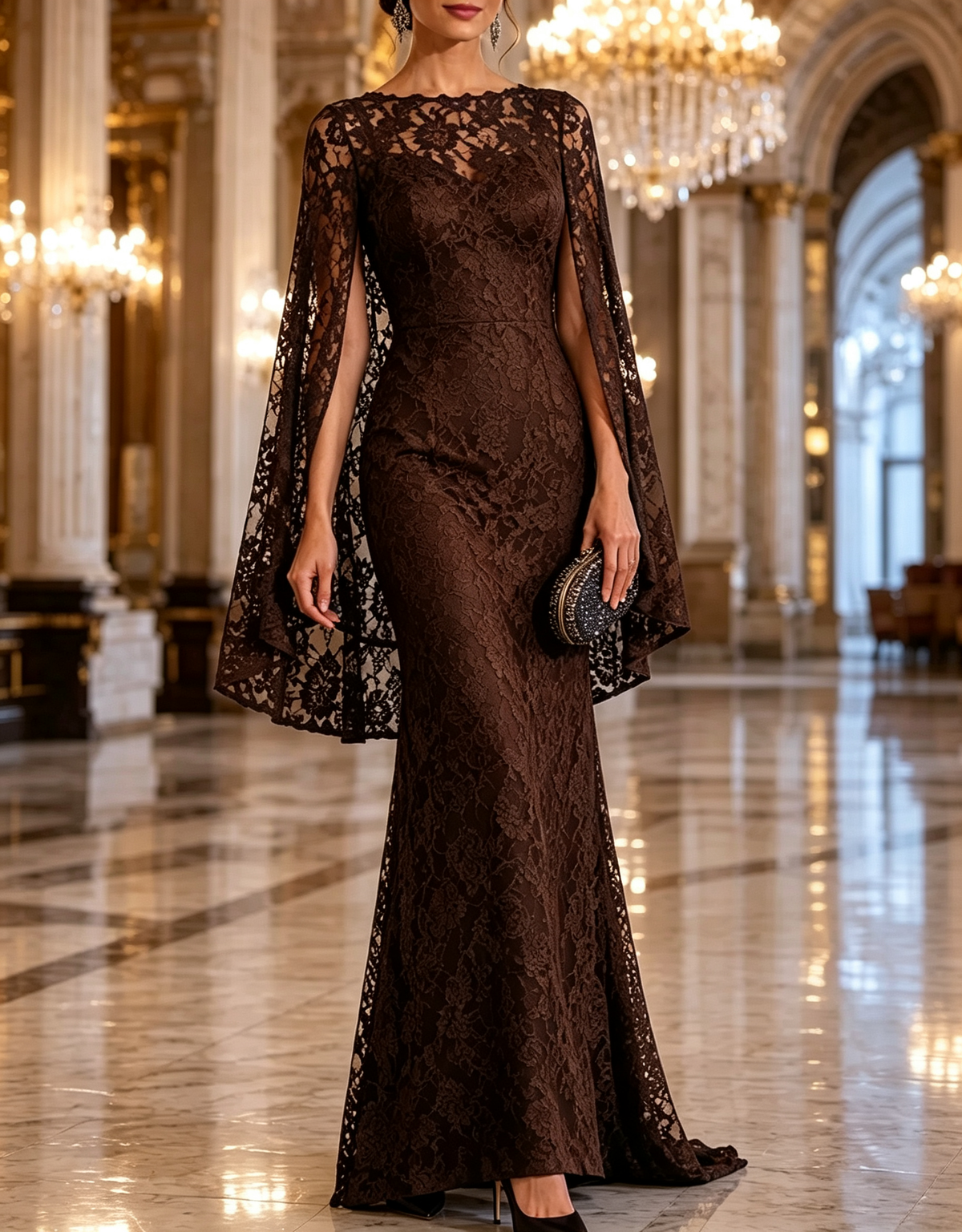 Round Neck Floral Lace Cape Mermaid Evening Maxi Dress