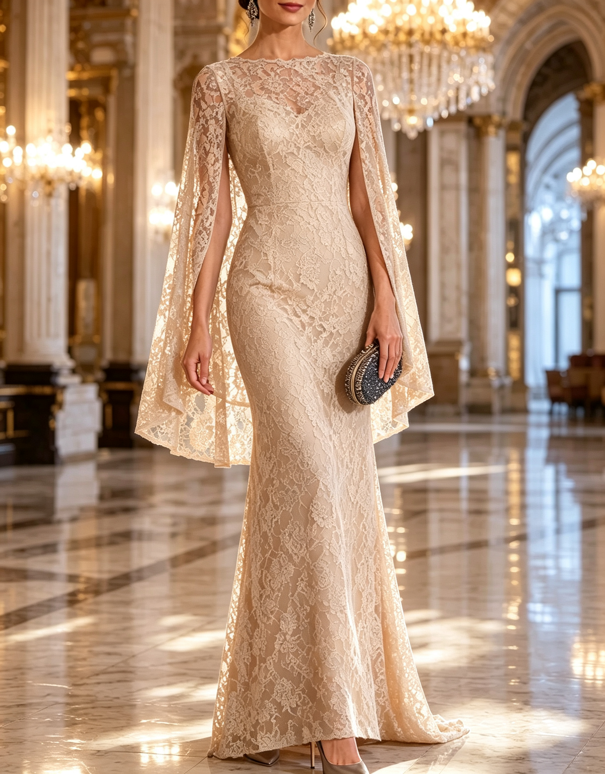 Round Neck Floral Lace Cape Mermaid Evening Maxi Dress