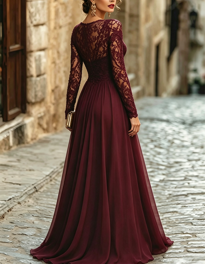 V Neck Long Lace Sleeve Chiffon Maxi Dress