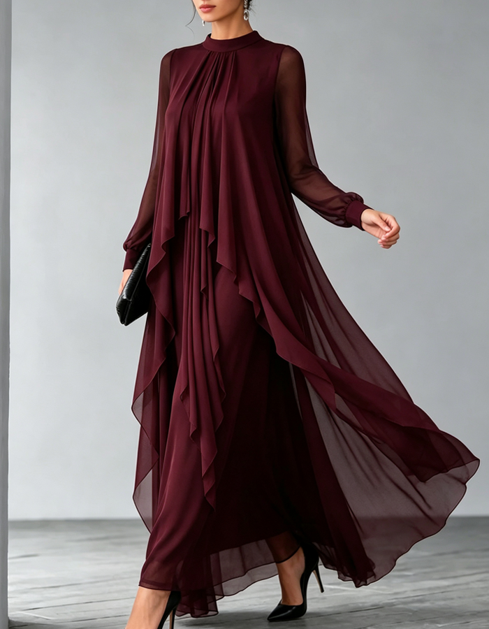 High Neck Long Sleeve Chiffon Maxi Dress