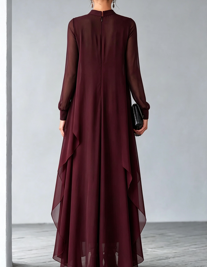 High Neck Long Sleeve Chiffon Maxi Dress