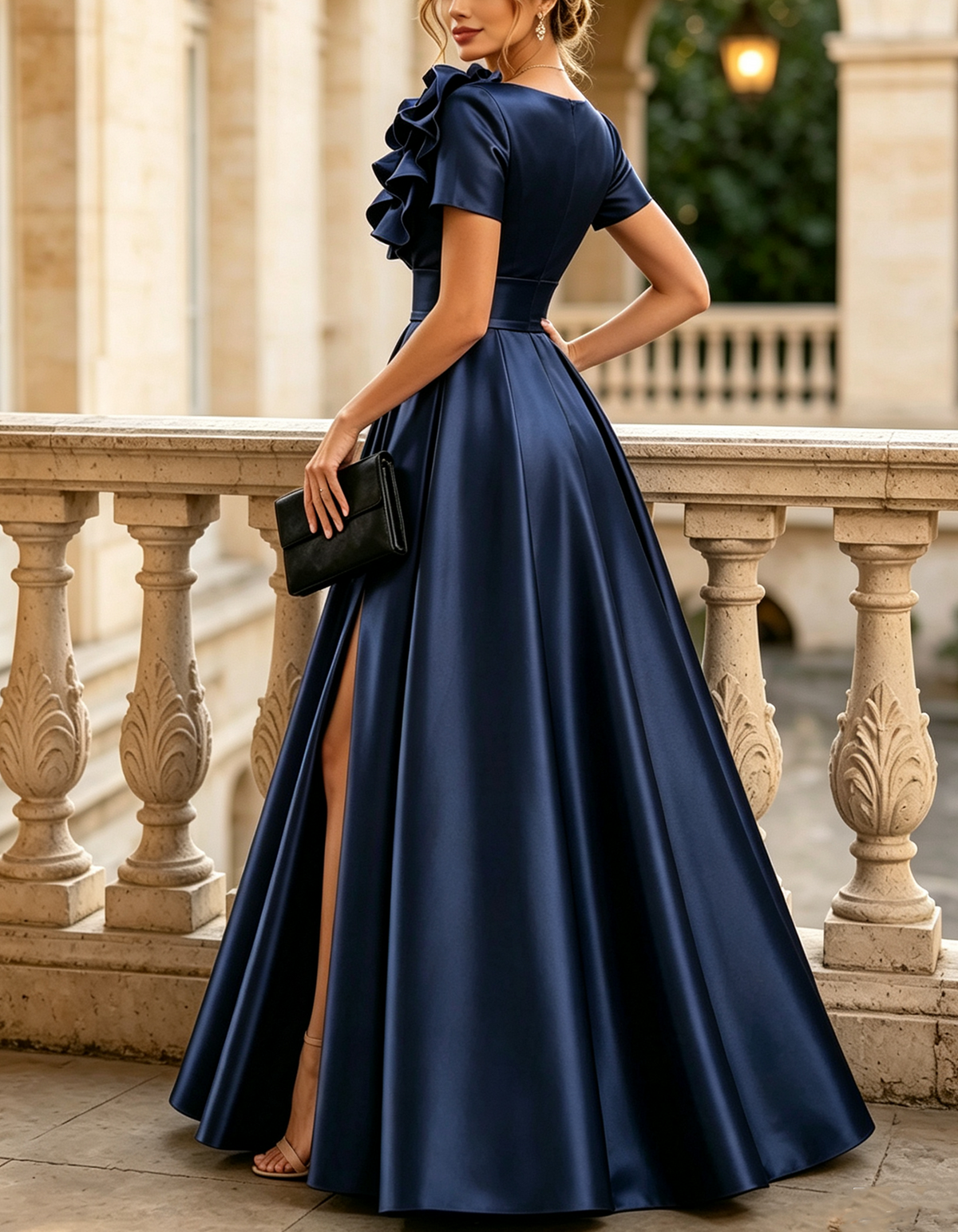 Deep V-neck Short-sleeved 3D Ruffled Floral Satin Maxi Dress