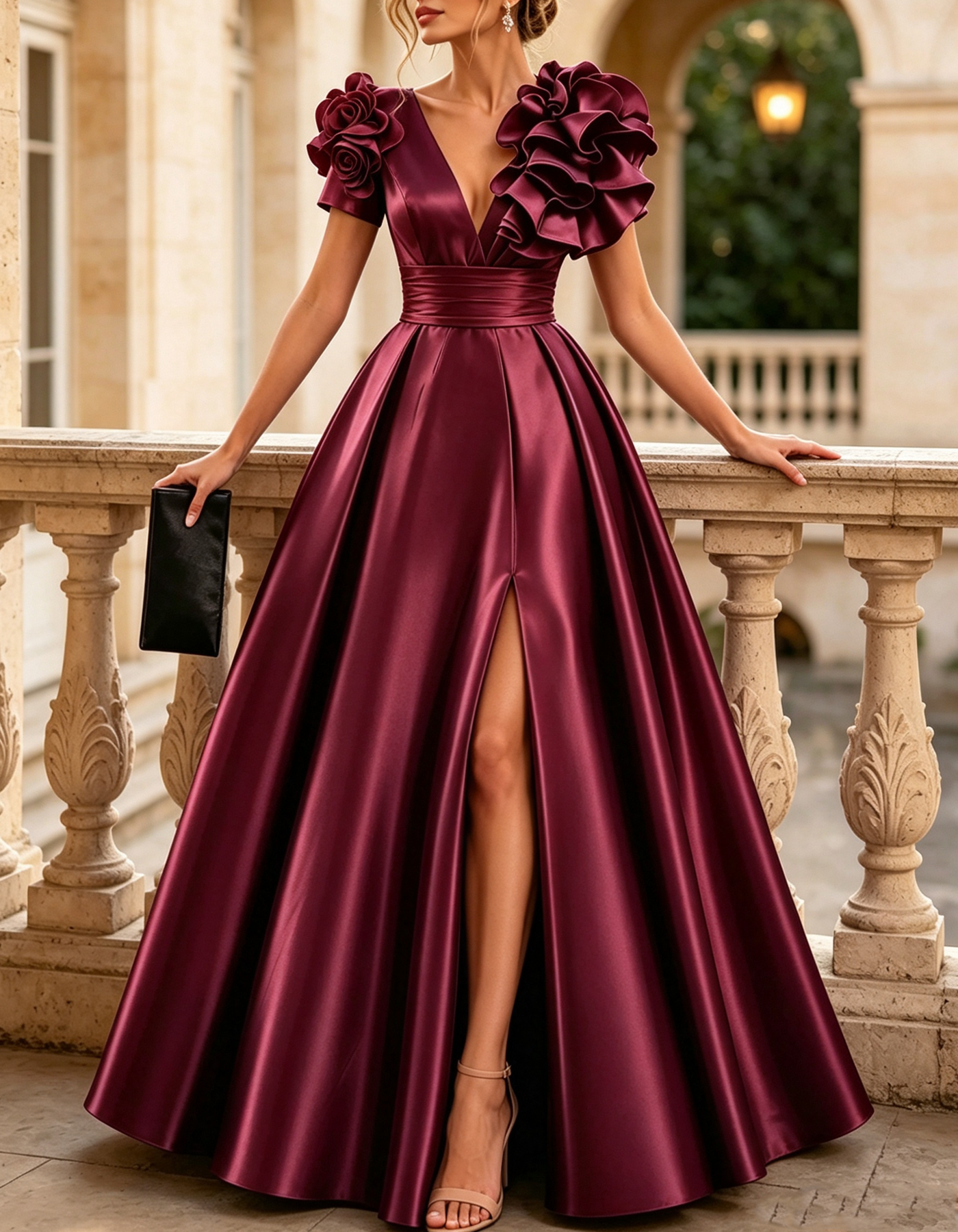 Deep V-neck Short-sleeved 3D Ruffled Floral Satin Maxi Dress