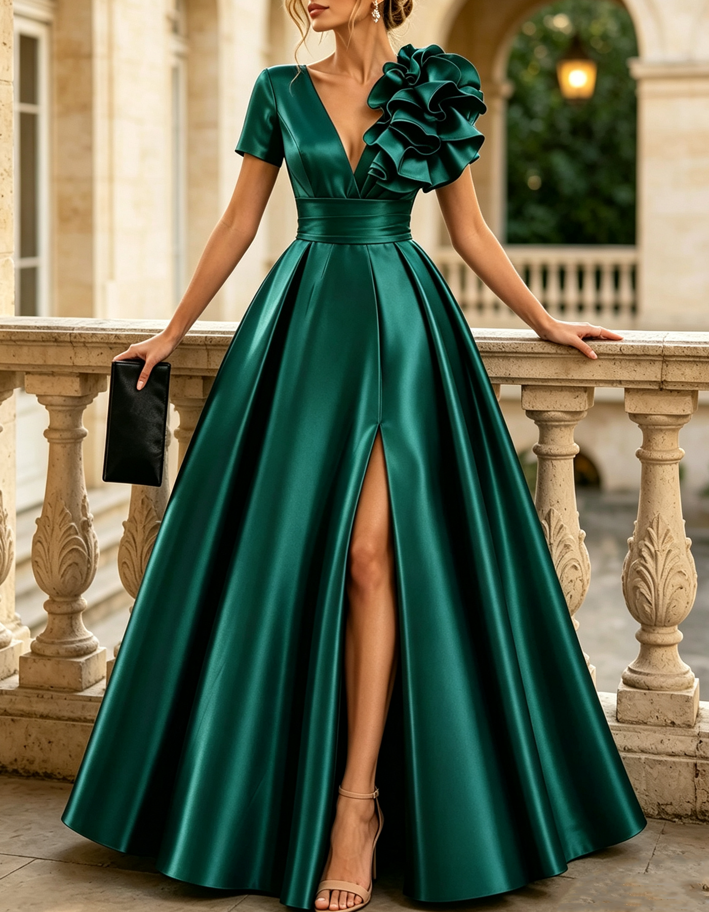 Deep V-neck Short-sleeved 3D Ruffled Floral Satin Maxi Dress