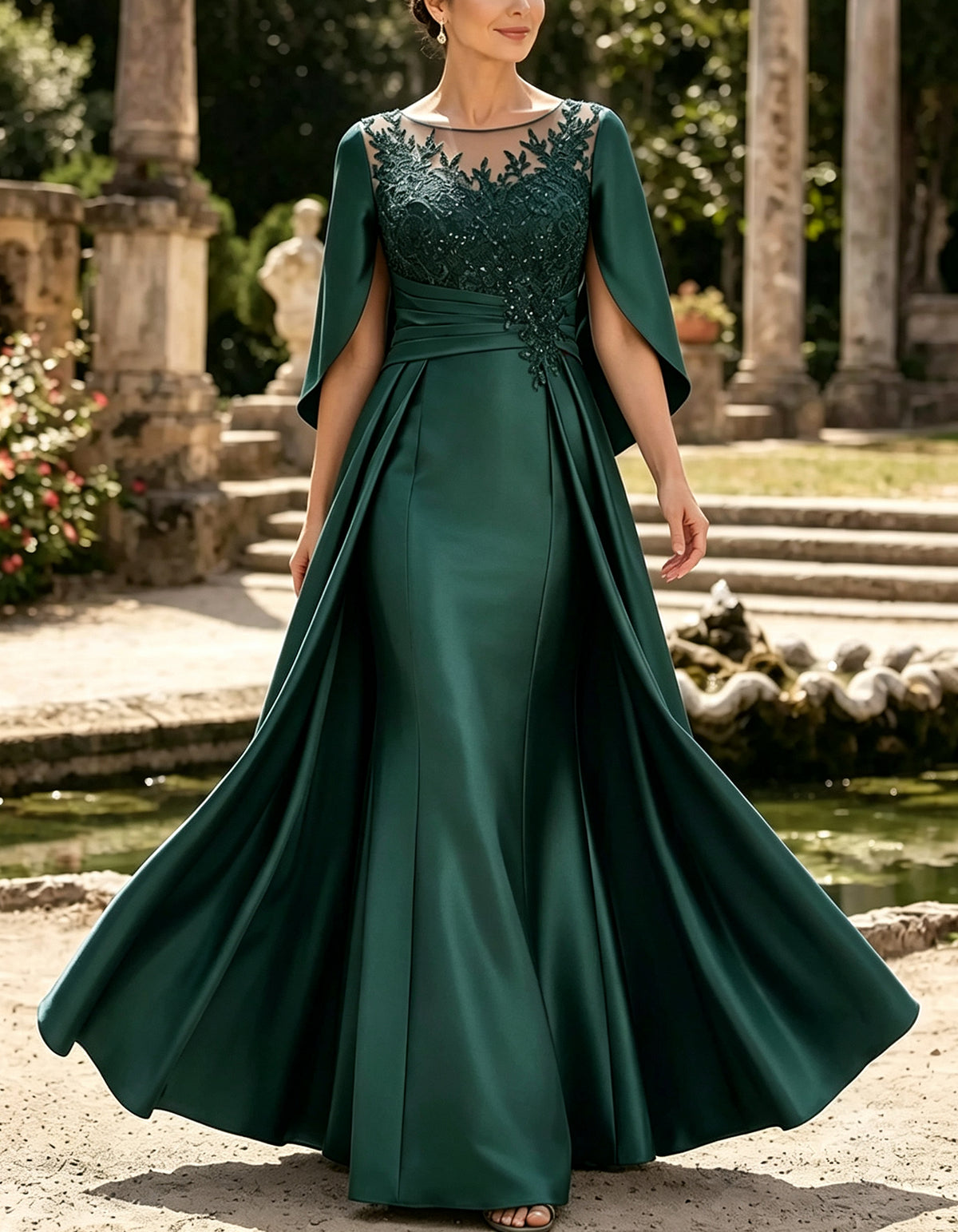 Satin Illusion Neck Lace Applique Cape Sleeve Ruched Waist Maxi Dress