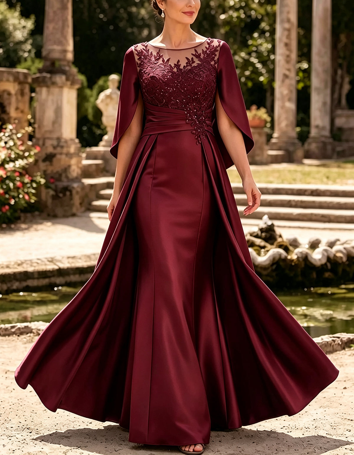 Satin Illusion Neck Lace Applique Cape Sleeve Ruched Waist Maxi Dress