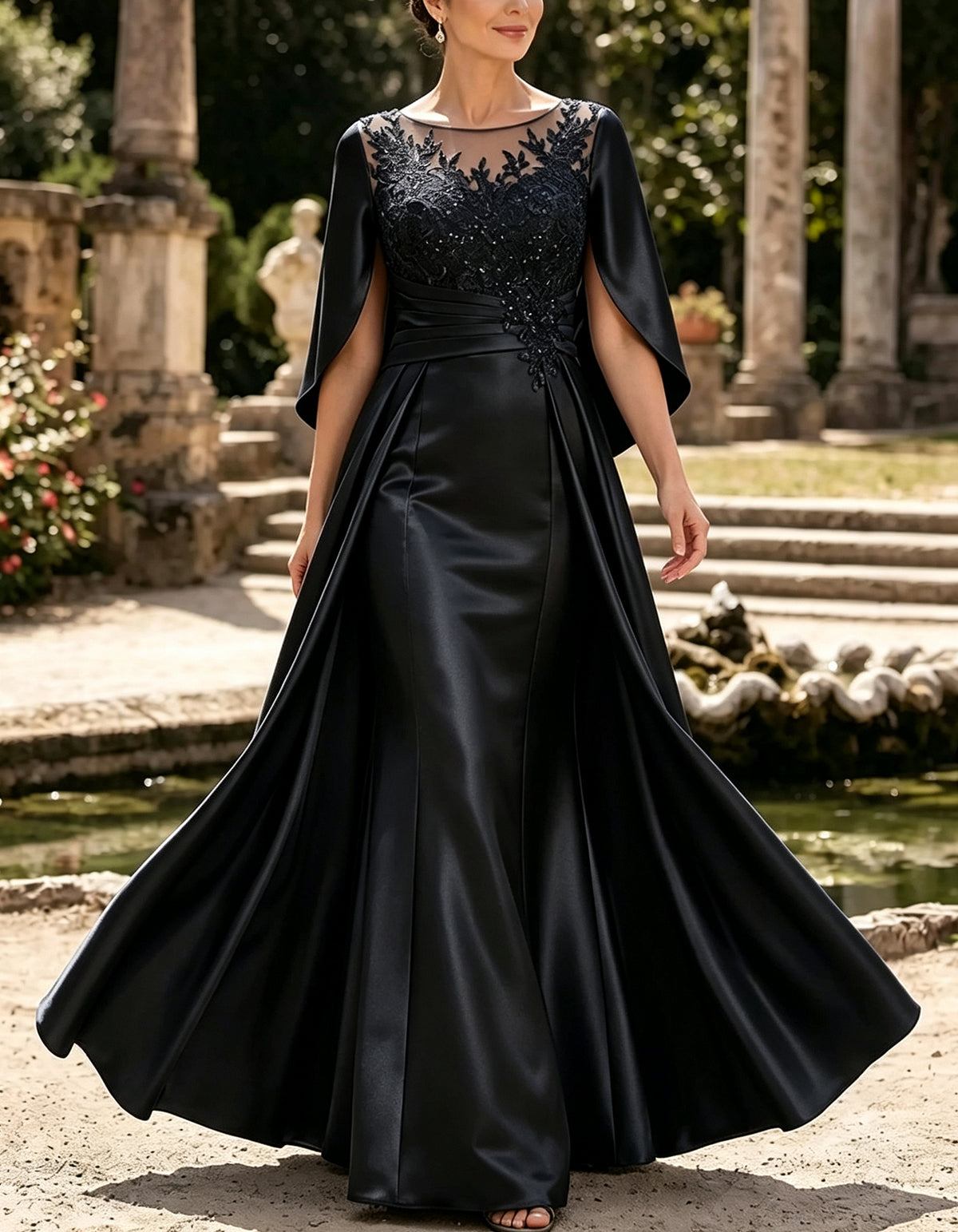 Satin Illusion Neck Lace Applique Cape Sleeve Ruched Waist Maxi Dress