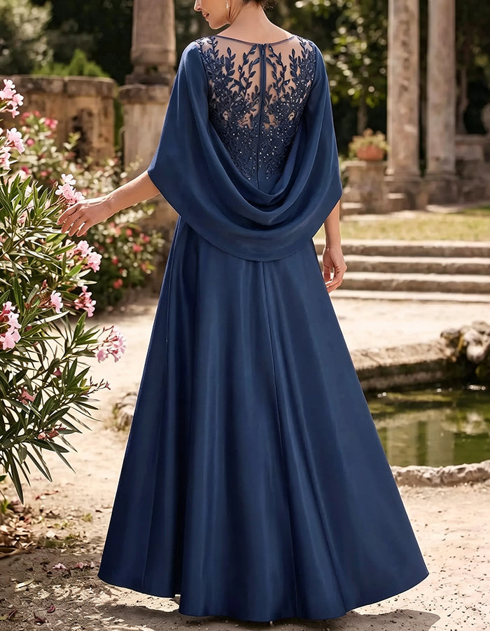 Satin Illusion Neck Lace Applique Cape Sleeve Ruched Waist Maxi Dress