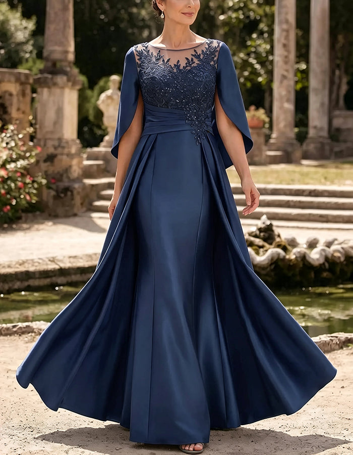Satin Illusion Neck Lace Applique Cape Sleeve Ruched Waist Maxi Dress