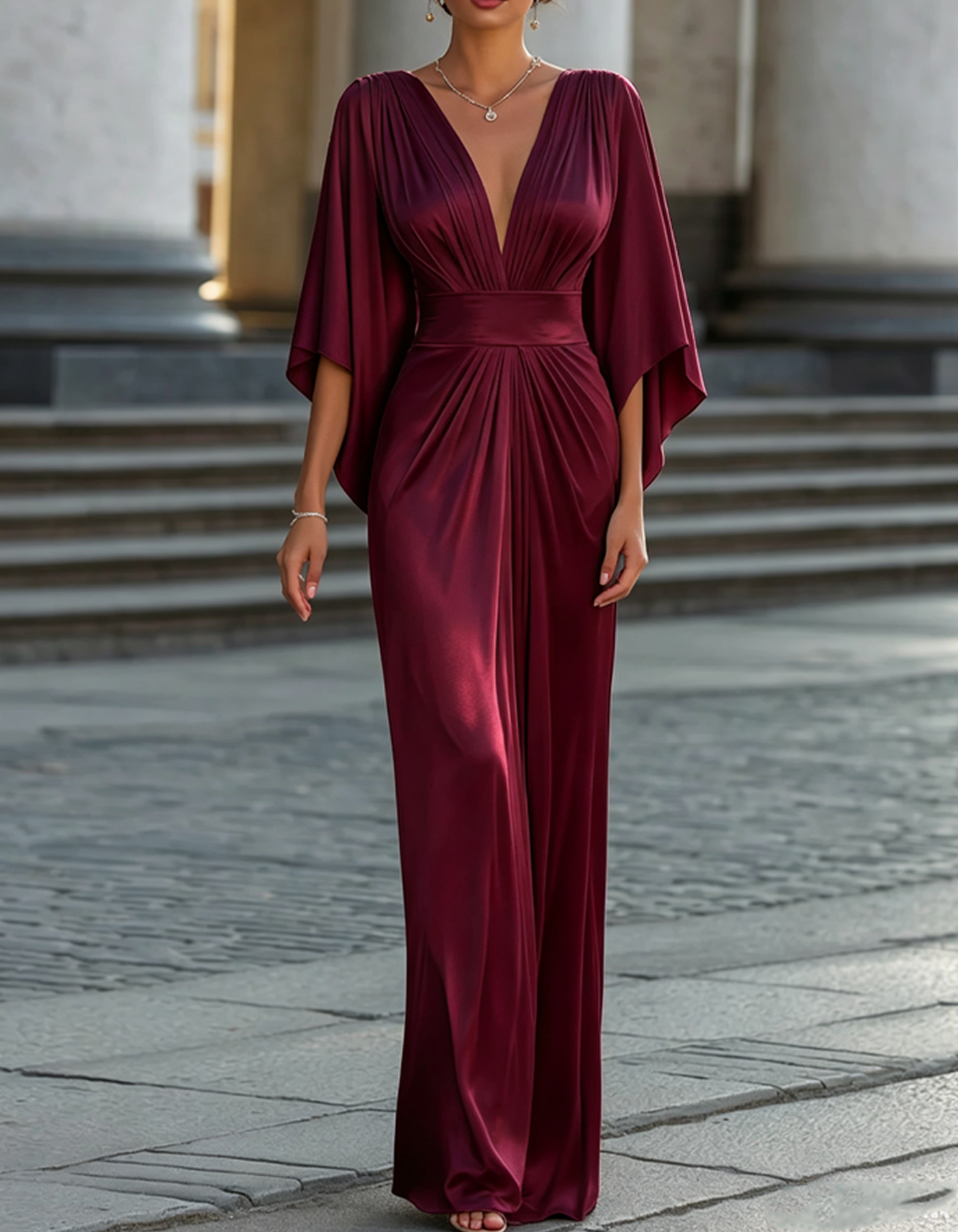 Deep V-neck Satin Gown With Cape Sleeves Maxi Dress