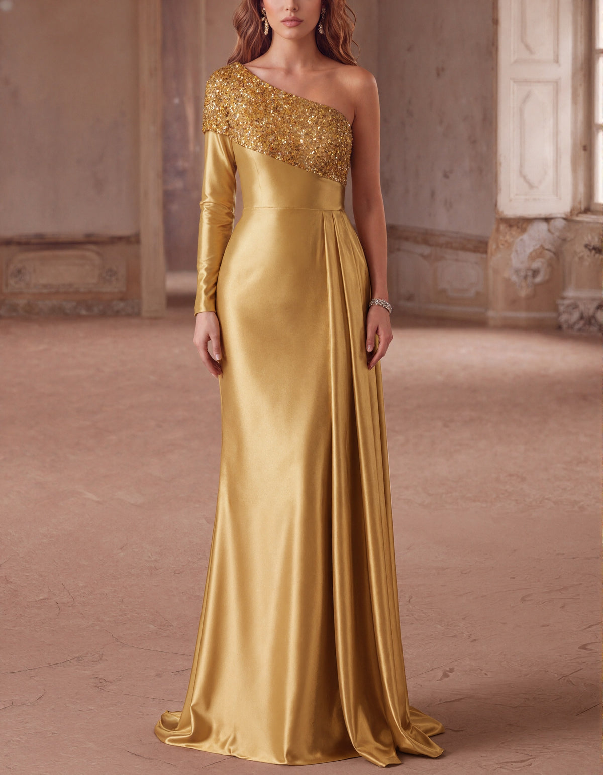 Solid Color Sequined Satin One Shoulder Design Maxi Dress